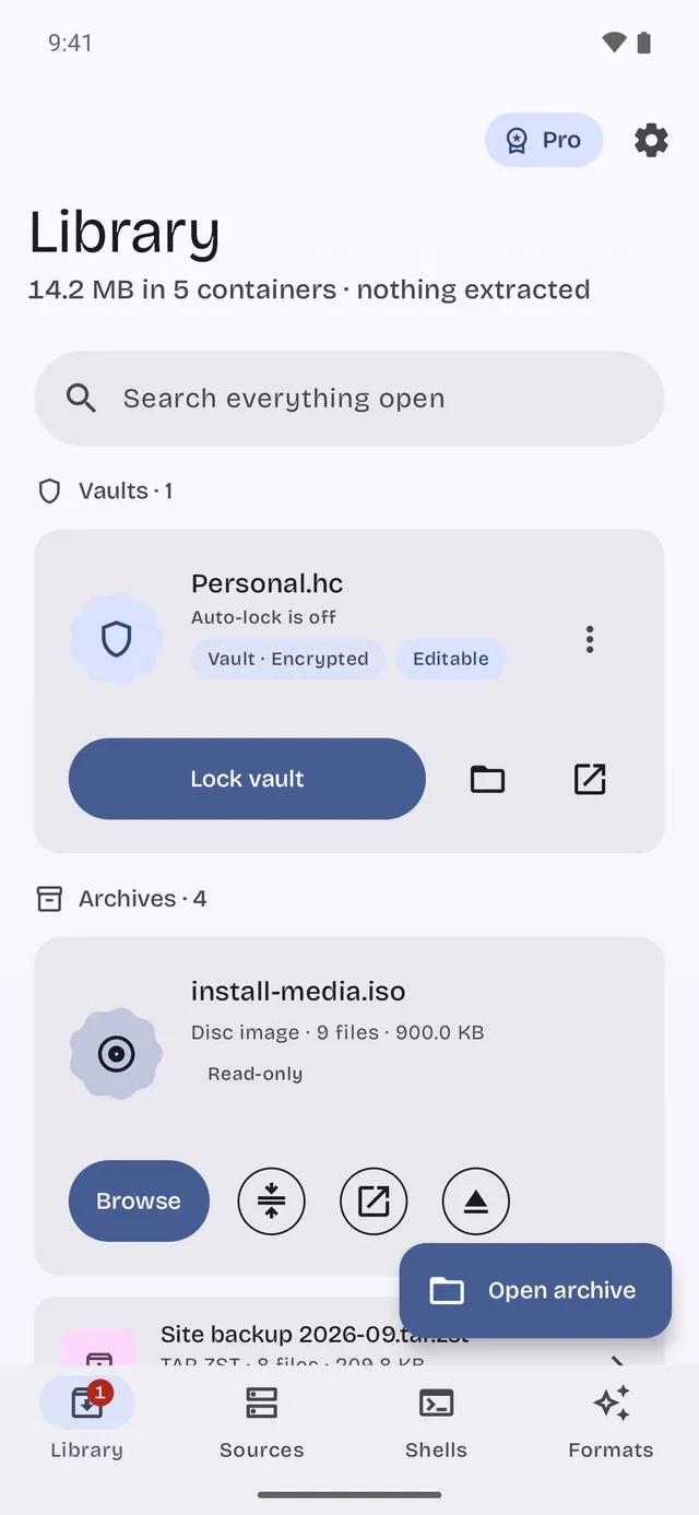 Cragmount library with a vault and archives open as folders