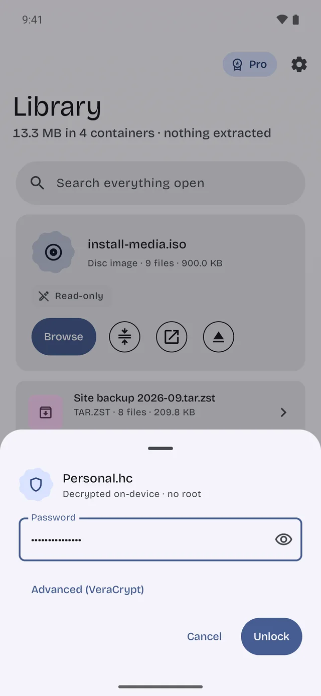 Cragmount unlocking a VeraCrypt vault with a password