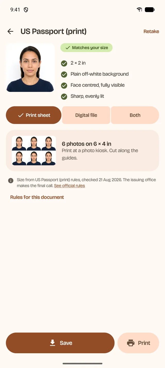 PicVerto US passport photo: matches your size, print sheet of 6 photos